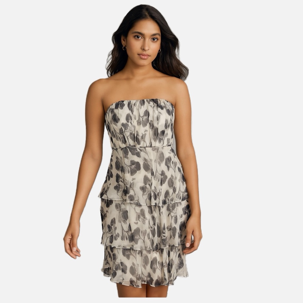 Y2K Fairy Floral Silk Strapless Dress Coquette Tiered Flowy Ivory Black WHBM 8